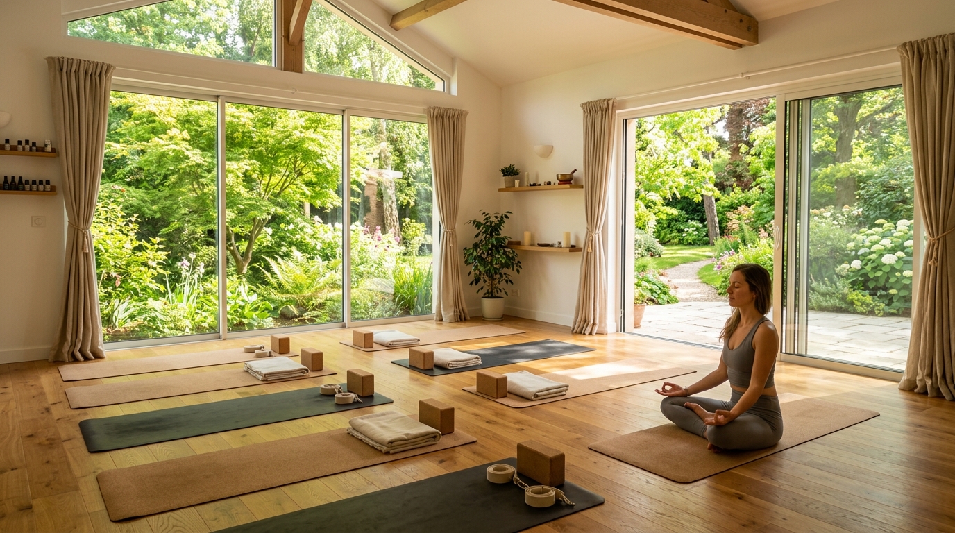 Salle de yoga calme et lumineuse ouverte sur un jardin à Viroflay