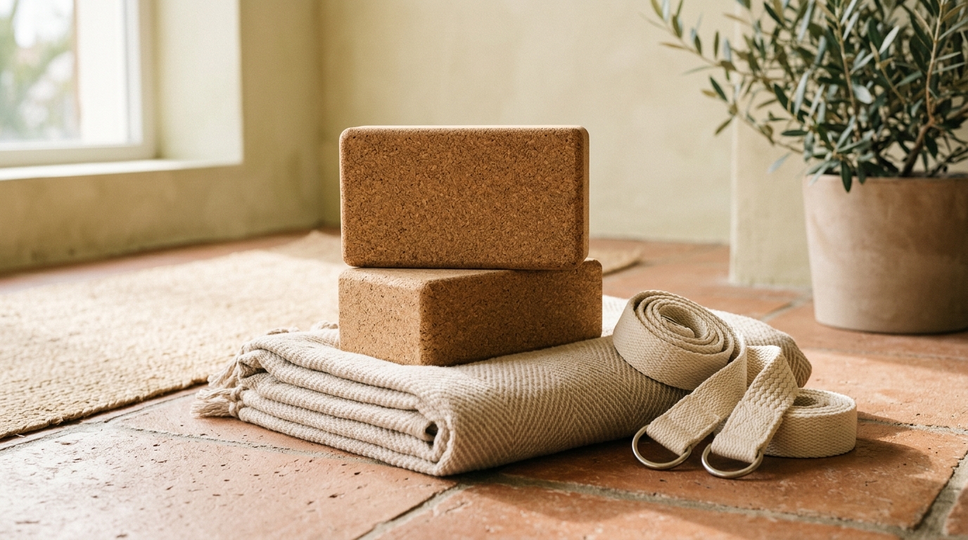 Accessoires de yoga en liège et couverture beige