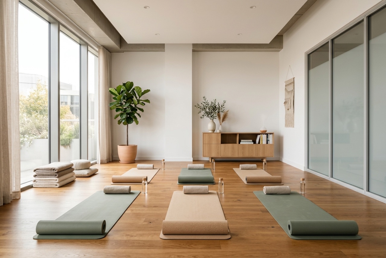 Salle de réunion lumineuse réaménagée avec des tapis de yoga au sol pour une séance en entreprise