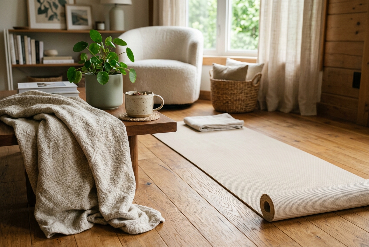 Tapis de yoga beige déroulé sur un parquet en bois dans un salon lumineux avec une tasse de thé