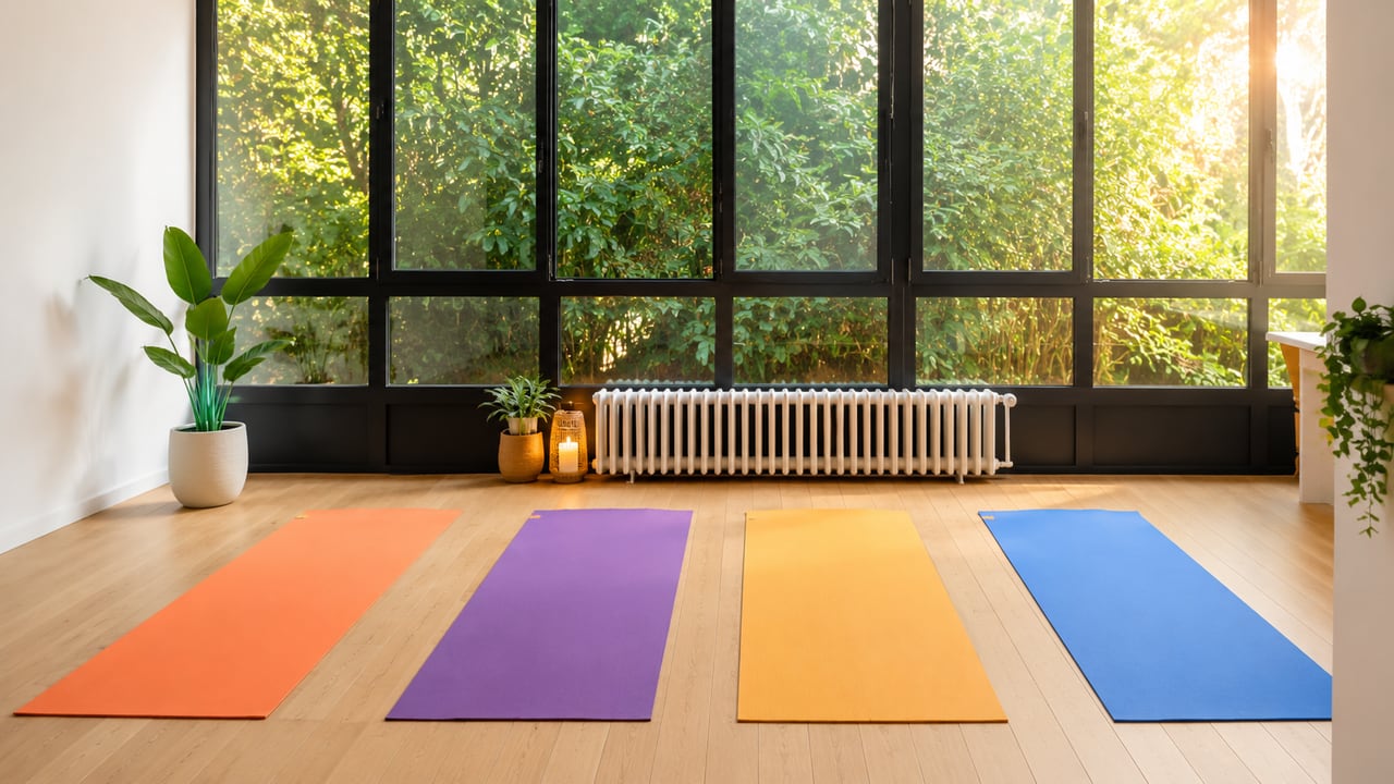 Salle de yoga lumineuse à Viroflay : tapis colorés alignés sur le parquet devant une grande verrière ouverte sur la verdure